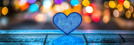 Blue Wooden Heart Adorned with Twine on Cobblestone Street, Bokeh City Lights Backgroundの素材
