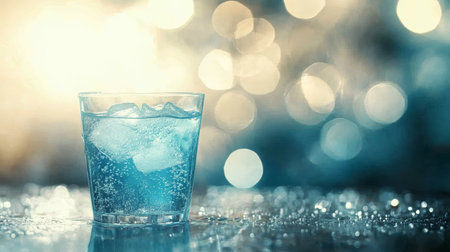Refreshing Glass Of Sparkling Water With Ice Cubes, Condensation, And Bokeh Background.の素材