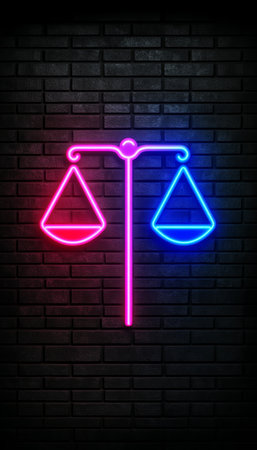 Neon Blue and Pink Scales of Justice Symbol on a Dark Grunge Brick Wall Background, Legal Concept.の素材