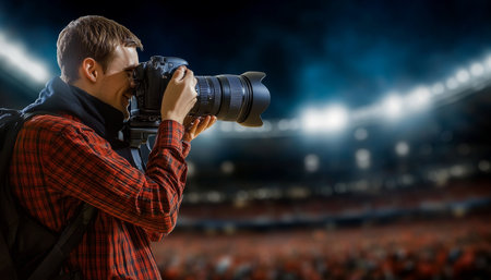 Sports Photographer at Night, Capturing Action with Professional Camera in a Busy Football Stadiumの素材
