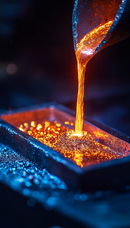 Molten Metal Pour Fiery Liquid Poured into a Mold, Illuminating Foundry with Orange Glowの素材
