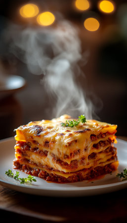 Classic Lasagna Steaming Hot Layers of Pasta, Rich Meat Sauce, and Creamy Melted Cheeseの素材