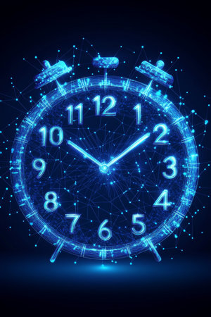 Abstract Alarm Clock Time Management Concept, Visualization on Dark Background with Glowing Effect.の素材