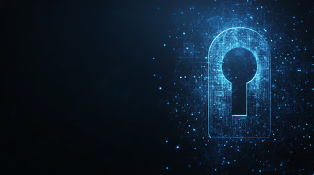 Digital lock on blue technology background. Abstract privacy icon in lines and connected dotsの素材