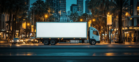 White Blank Cargo Van Mockup Driving on City Street at Evening Time. Advertisement Template.の素材