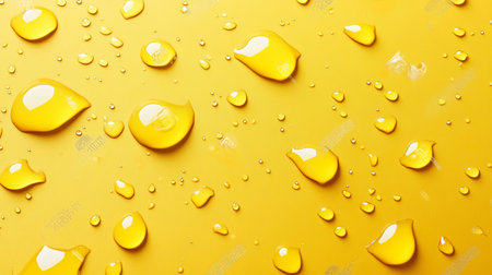 Golden Water Drops Background, Abstract Texture with Liquid Bubbles, Reflections, and Glare Effectの素材