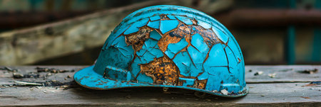 Old, Cracked, And Weathered Hard Hat On A Weathered Wooden Surface, Construction Safety Conceptの素材