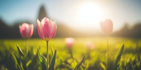 Pink Tulips in Sunny Meadow Vibrant Blooms and Blurred Background, High Contrast, Sharp Focusの素材
