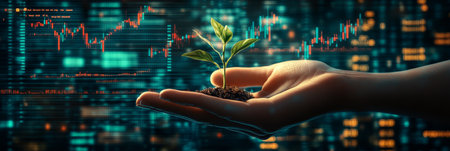 Hand Holding Fragile Green Plant Against Stock Market Data, Charts, Growth and Investment Conceptの素材