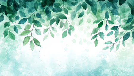 Watercolor Green Leaves Background, Abstract Botanical Illustration, Soft Airy Design Elementの素材