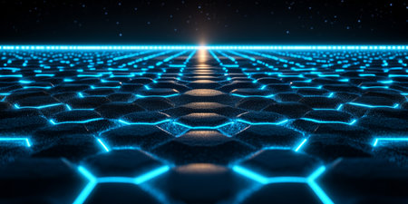 Futuristic Neon Blue Hexagonal Pattern with Connecting Lines and Light Flares on Black Backdropの素材