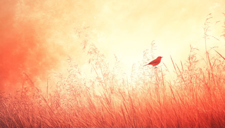 Serene Pink Meadow, Bird on Branch, Botanical Illustration, Subtle Textures, Calm Atmosphereの素材