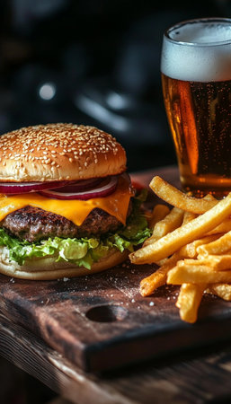 Classic Double Burger with Fries and Cold Beer on Rustic Wooden Board, Perfect Pub Food.の素材