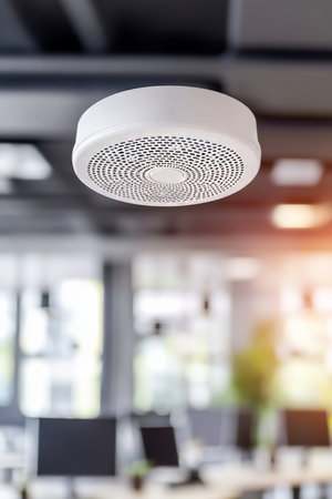 Modern White Ceiling Fan in an Open Office Environment, Brightly Lit, Out-of-Focus Backgroundの素材