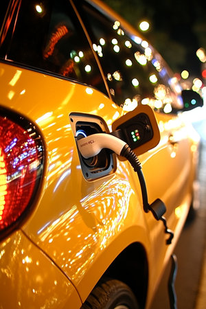 Electric Car Charging at Night, City Lights Background, Future of Transportation, Eco-Friendlyの素材