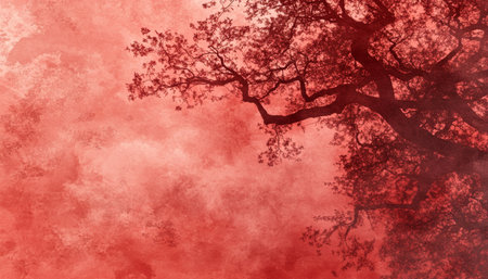 Fiery Hues of Nature A Striking, Monochromatic Natural Landscape with a Vivid Red Sky Background.の素材