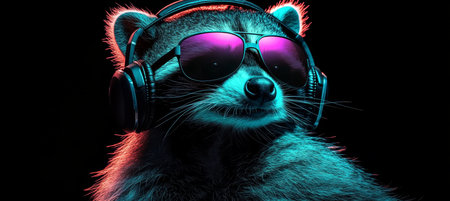 Neon Party Animal Cool Raccoon DJ With Headphones And Sunglasses, Isolated On Black Backgroundの素材