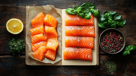 Fresh Salmon Preparation Flat Lay of Raw Salmon, Spices, and Herbs on Wooden Backgroundの素材