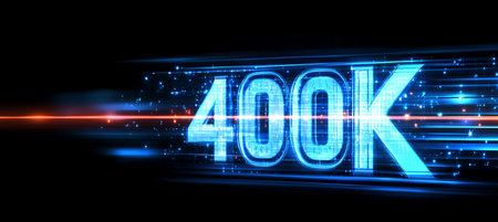 Futuristic Glowing Big 3D Number 400K with Digits in Digital Style on Abstract Backgroundの素材
