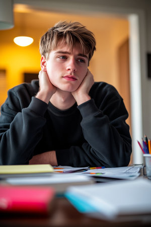 Stressed Teenage Boy Overwhelmed by Studying, Procrastinating, and Feeling Exam Pressure.の素材