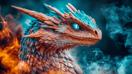 Fiery Gaze A Portrait of a Red and Blue Dragon. Mythical Creature, Fantasy Illustrationの素材