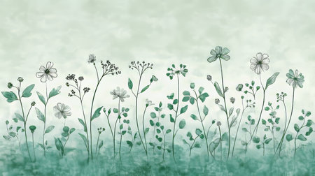 Elegant pastel teal watercolor background with graceful grass silhouettes and delicate leavesの素材