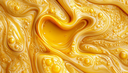 Golden Fluid Heart Abstract Liquid Background with Swirls, Texture, and Luminous Yellow Tones.の素材
