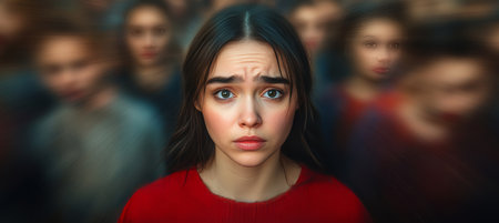 Lonely Young Woman Amidst Crowd Feeling Overwhelmed and Anxious With An Upset Facial Expressionの素材