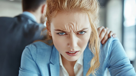 Uncomfortable Encounter Businesswoman s Distress As Colleague Invades Personal Spaceの素材
