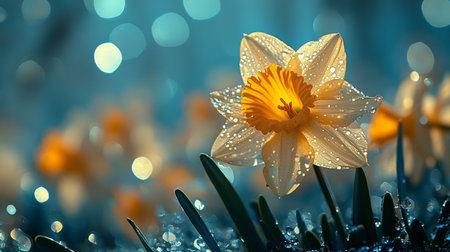 Yellow Daffodil Bloom, Dew Kissed Petals, Bokeh, Spring Floral Background, High Resolutionの素材