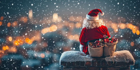Jolly Figure Resting on a Snowy Roof, Contemplating a Twinkling City at Christmas Timeの素材