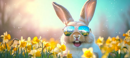 Laughing Easter Bunny in Sunglasses in Daffodil Field, Easter Celebration, Happy Moodの素材