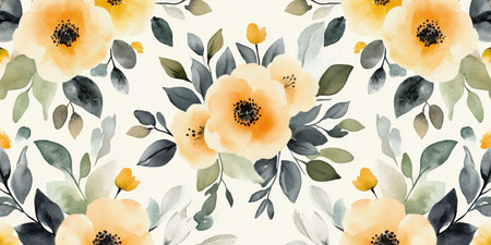 Gentle Yellow Watercolor Floral Pattern, Seamless Design with Delicate Blooms and Leavesの素材