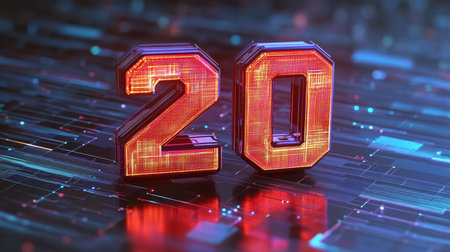Glowing Futuristic Number 20 On Digital Abstract Background Illustration, 3D Renderingの素材