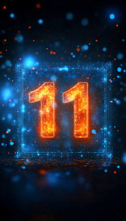 Glowing Digital 3D Number 11 in Futuristic Style on Abstract Background with Blue and Orange Lightsの素材