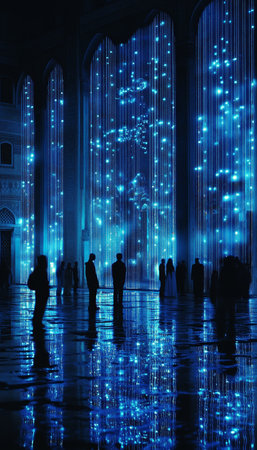 Futuristic Cityscape As Blue Dotted Outline In Cyberpunk Digital Network Style, At Nightの素材