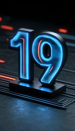 Glowing Neon Number 19 on a Dark Futuristic Abstract Background, Digital Art Illustration.の素材