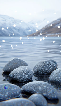 Serene Winter Lake With Misty Mountains And Dreamlike Bokeh Effect On A Tranquil Evening.の素材