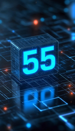 Glowing 3D Number 55 on Circuit Board Technology and Futuristic Concept Representation.の素材