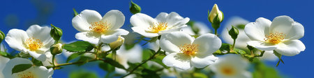 Blooming White Roses Border Against Blue Sky. Summer Floral Background With Copy Space.の素材