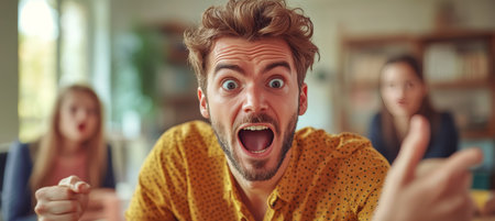 Surprised man with wide eyes and open mouth, gesturing with his hands in a home setting.の素材