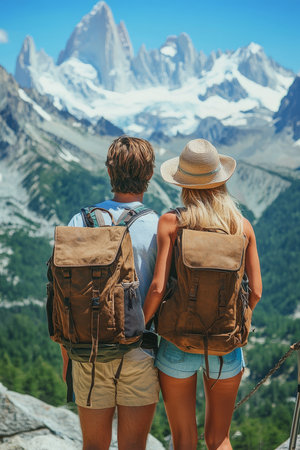 Couple, with Backpacks, Hiking and Enjoying, Breathtaking Mountain, Views on Sunny Dayの素材