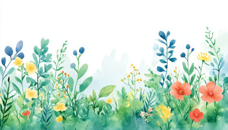 Watercolor Meadow Garden Floral Background, Pastel Cyan Hues, Airy Summer Illustrationの素材