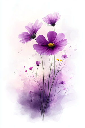 Gentle Lavender Wildflower Watercolor Illustration, Minimalist Floral, Lavender Wash Backgroundの素材