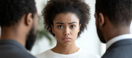 Uneasy Stance Woman s Discomfort Between Two Men In Tense Encounter Workplace Dynamicsの素材