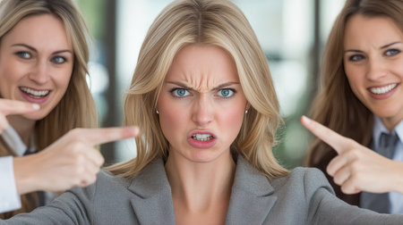 Targeted, Excluded, Frustrated Office Worker Bullied By Laughing Colleagues Under Harsh Lightingの素材