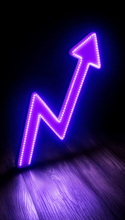 Glowing Purple Neon Arrow Chart on a Dark Background, Symbolizing Success, Growth, and Progress.の素材