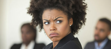 Concerned Black Businesswoman Listens as Coworker Speaks, Potential for Workplace Harassmentの素材