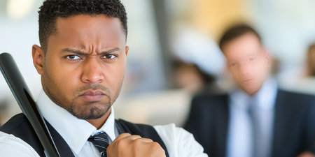 Portrait of Stressed Office Worker Holding Baseball Bat, Bright Office Interior, Workplace Stressの素材