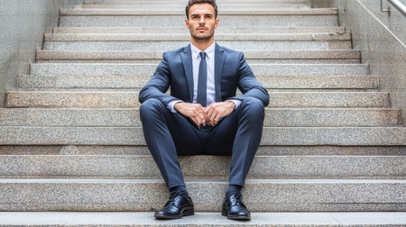 Troubled Businessman Deep in Thought on Stone Steps, Contemplative Executive in a Moment of Solitudeの素材